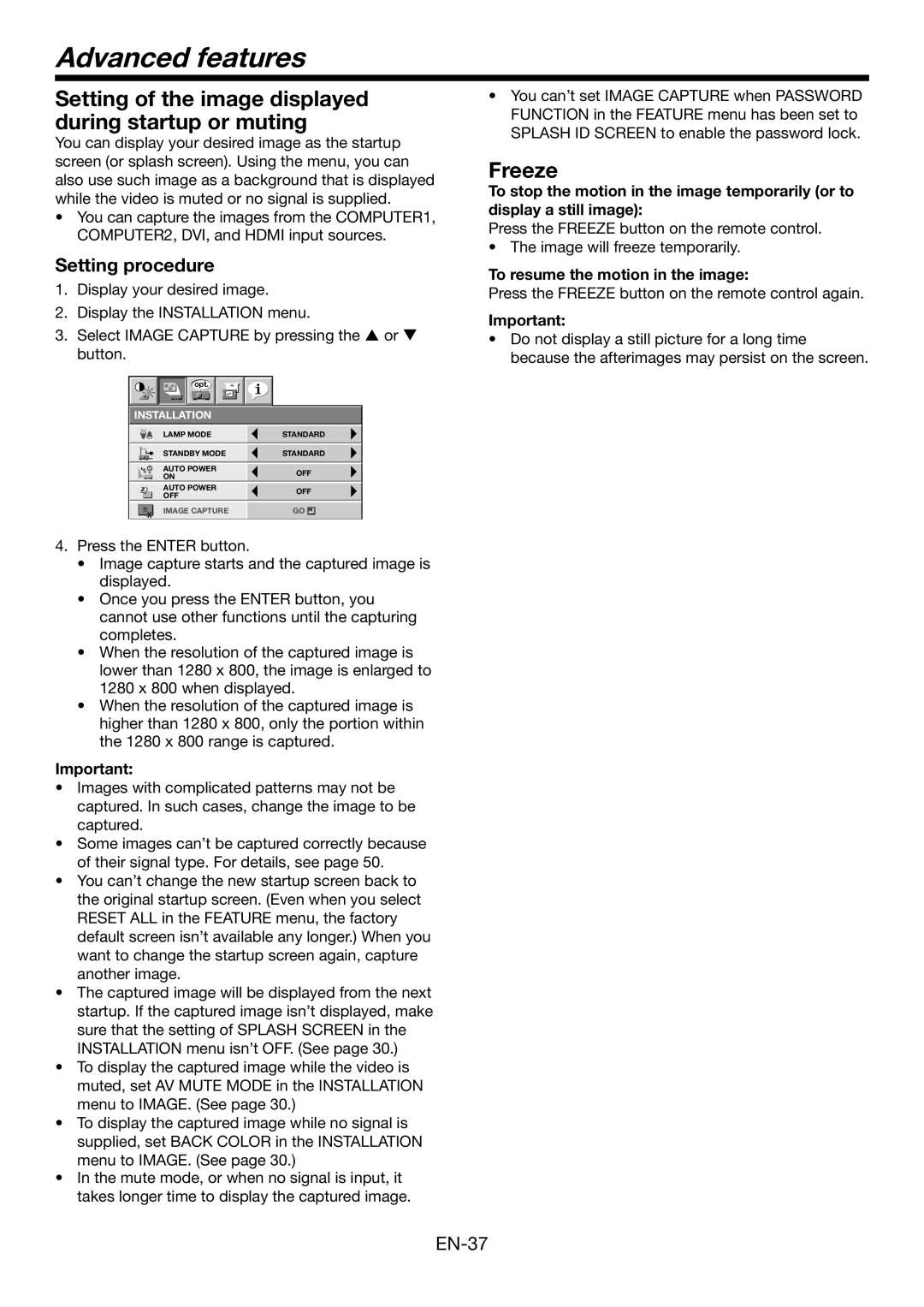 Mitsumi electronic WD3300U user manual Advanced features, Freeze, Setting procedure, To resume the motion in the image 