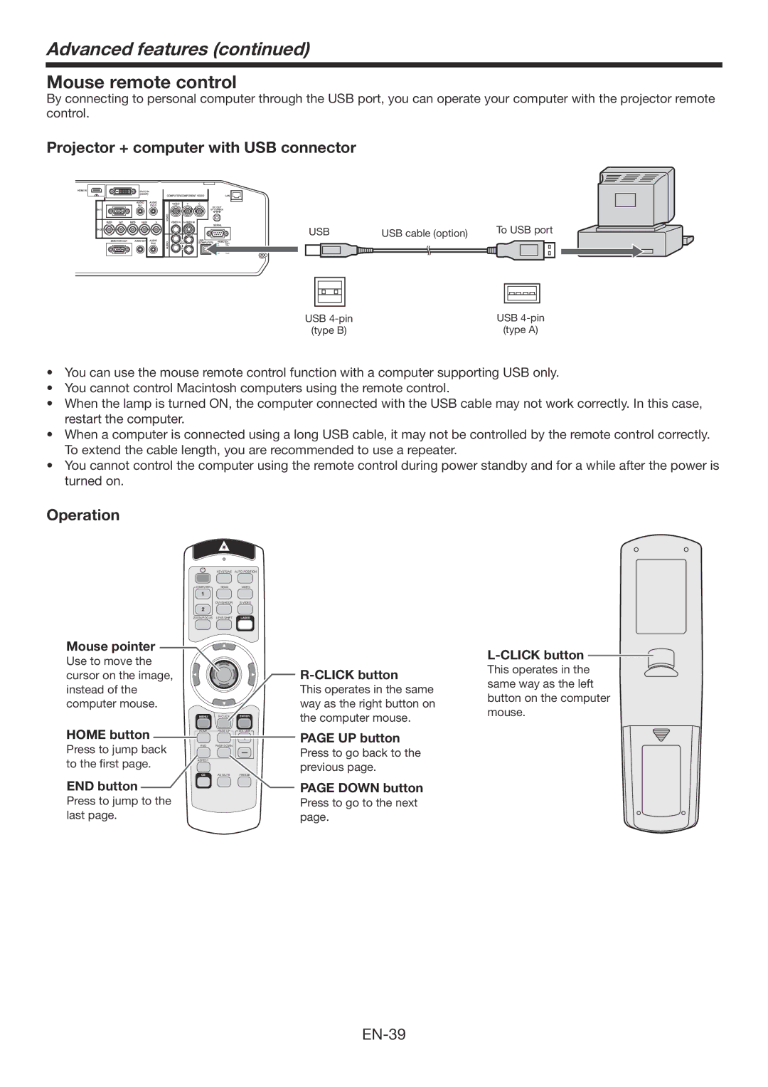 Mitsumi electronic WD3300U user manual Mouse remote control, Projector + computer with USB connector, Operation, UP button 