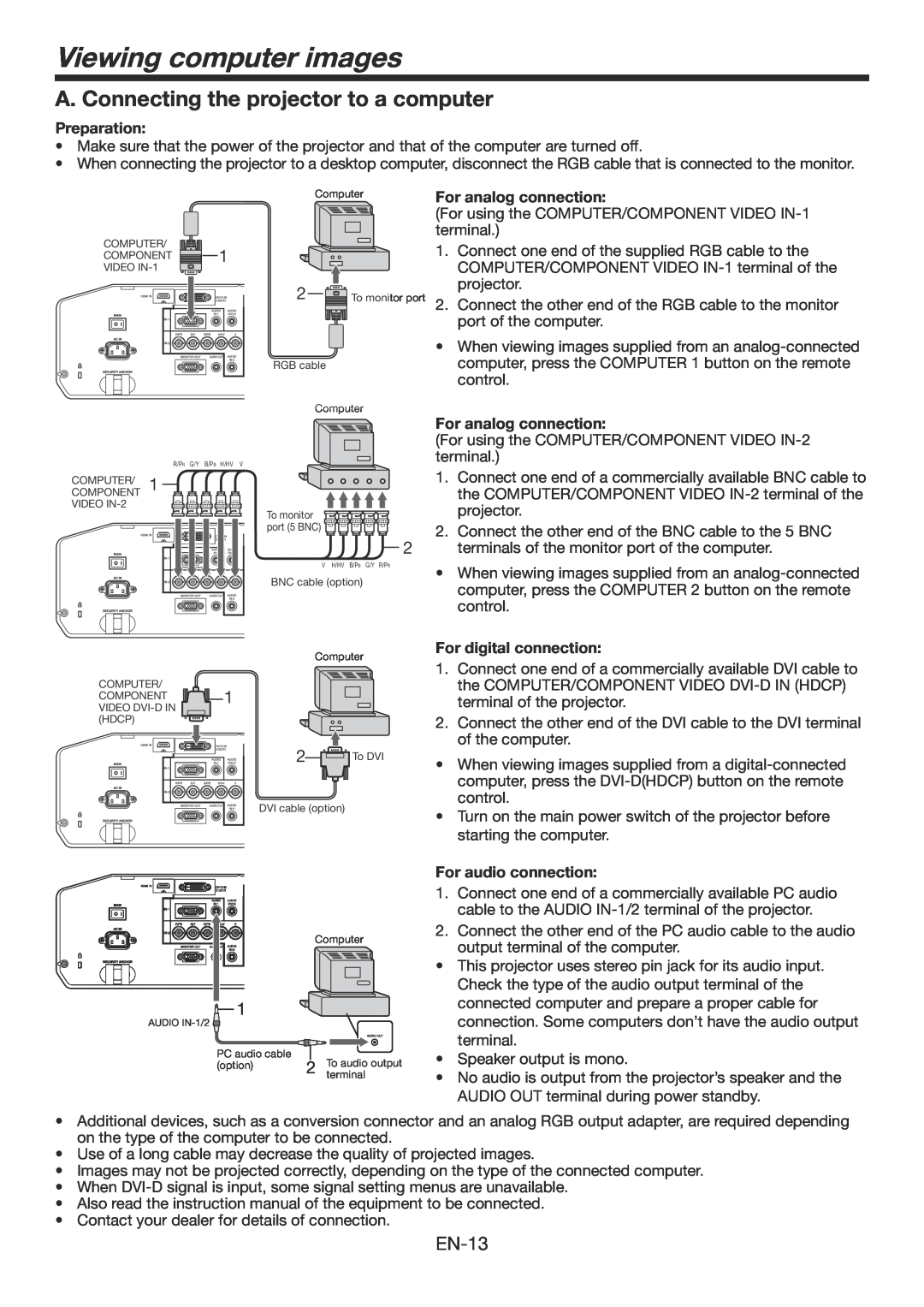 Mitsumi electronic WD3300U user manual Viewing computer images, A. Connecting the projector to a computer, Preparation 
