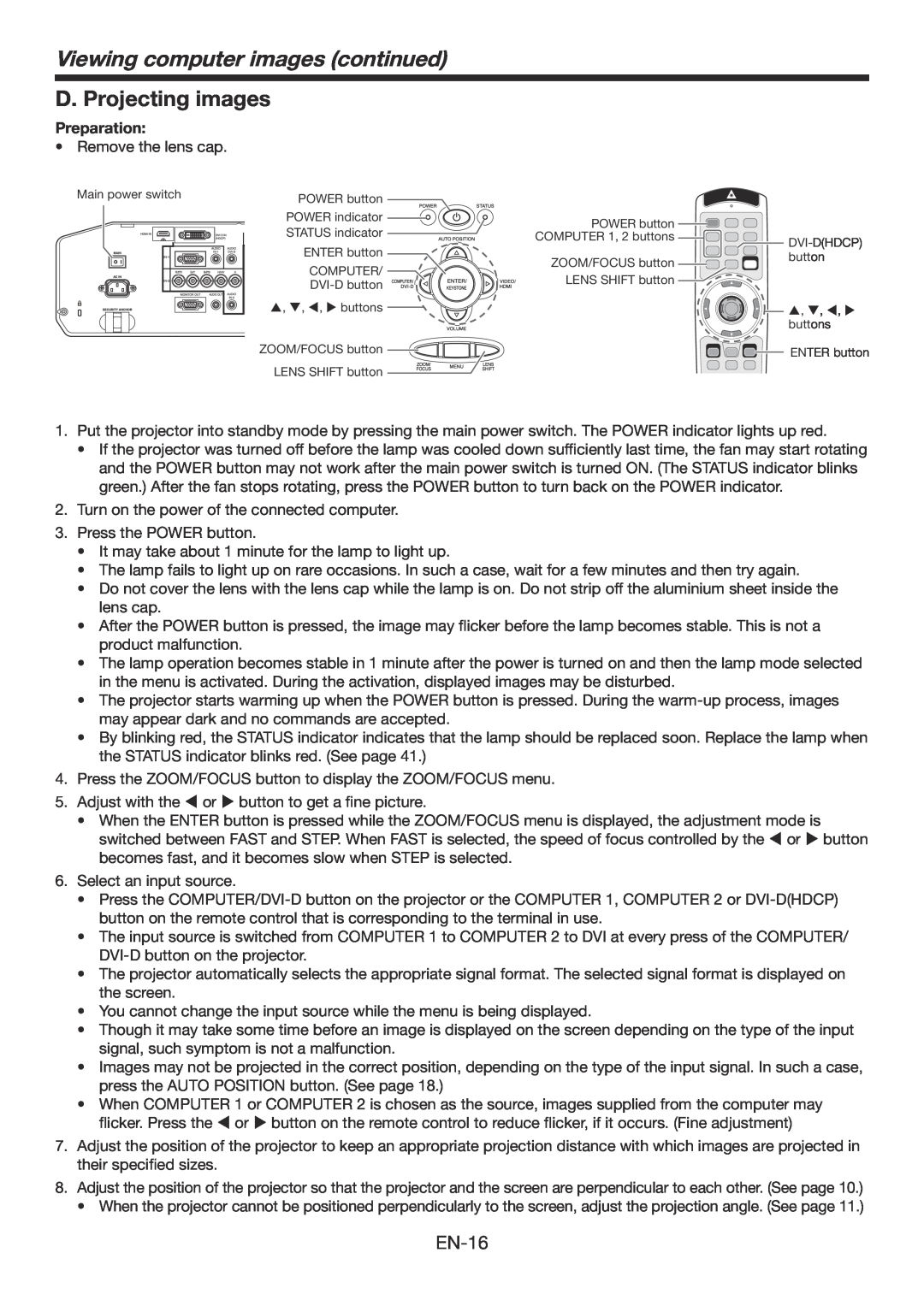 Mitsumi electronic WD3300U user manual D. Projecting images, Viewing computer images continued, EN-16, Preparation 