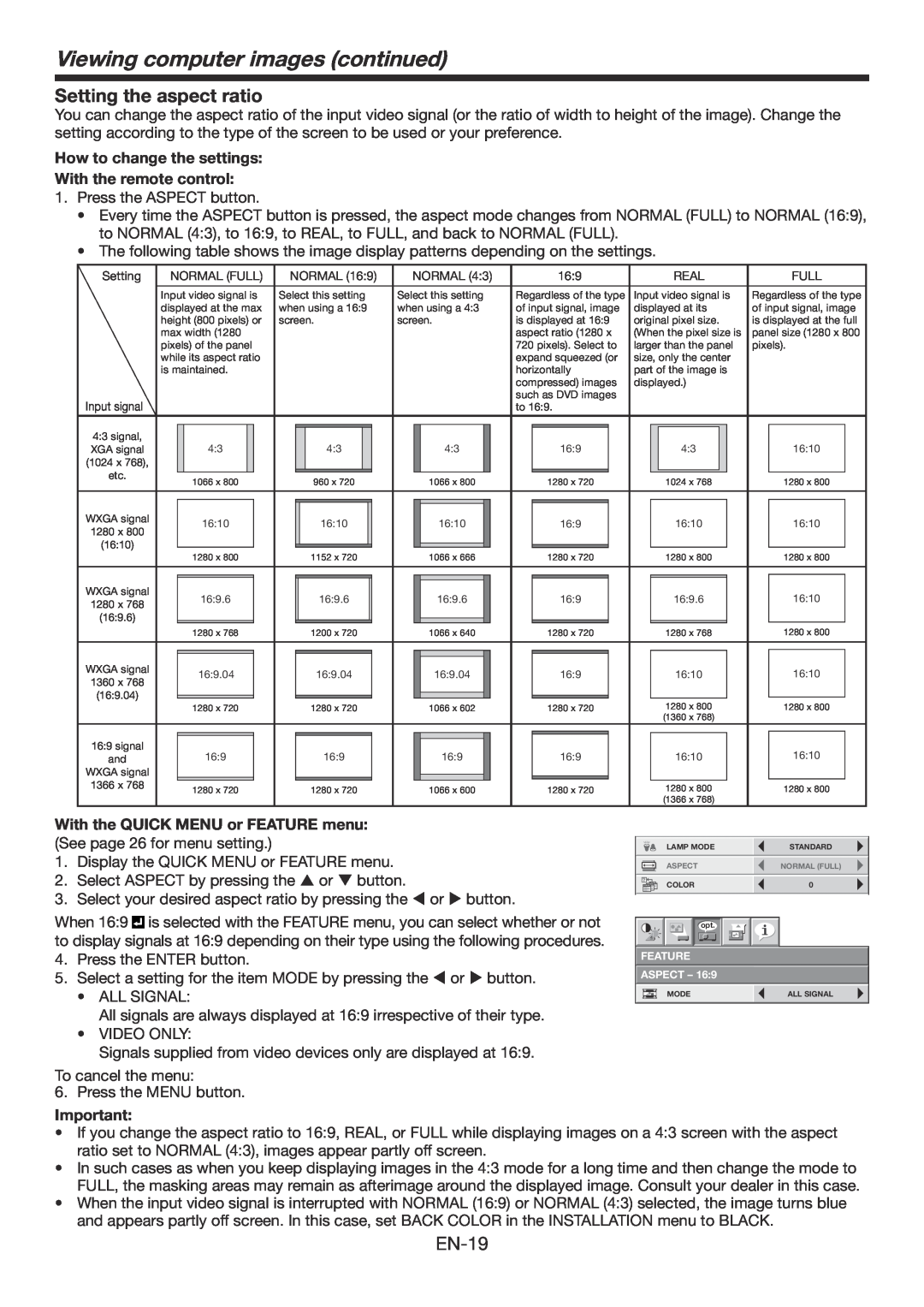Mitsumi electronic WD3300U user manual Setting the aspect ratio, Viewing computer images continued, EN-19 