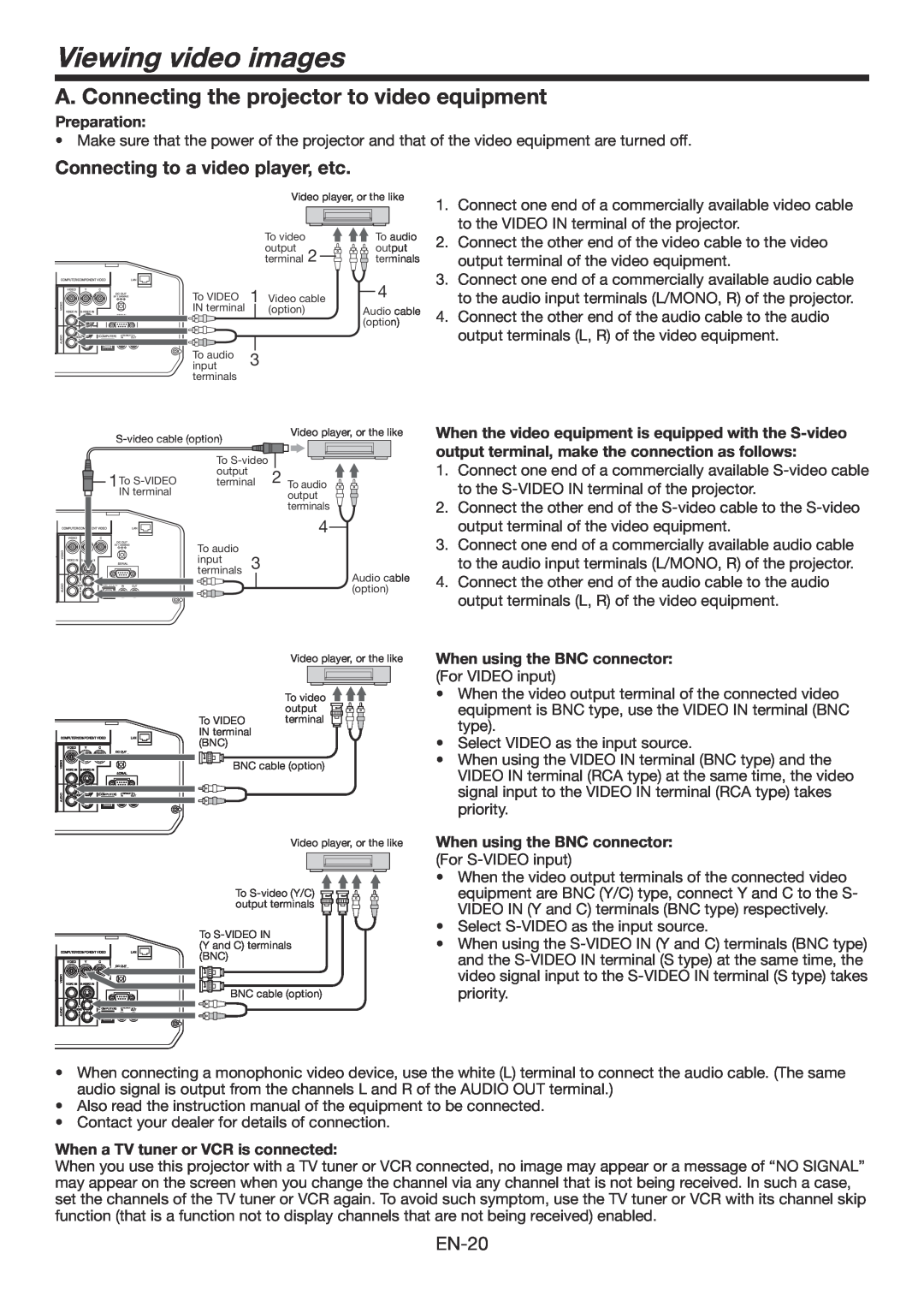 Mitsumi electronic WD3300U user manual Viewing video images, A. Connecting the projector to video equipment, Preparation 