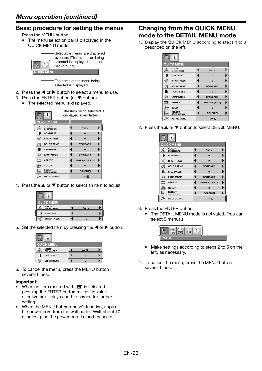 Mitsumi electronic WD3300U user manual Menu operation continued, Basic procedure for setting the menus 