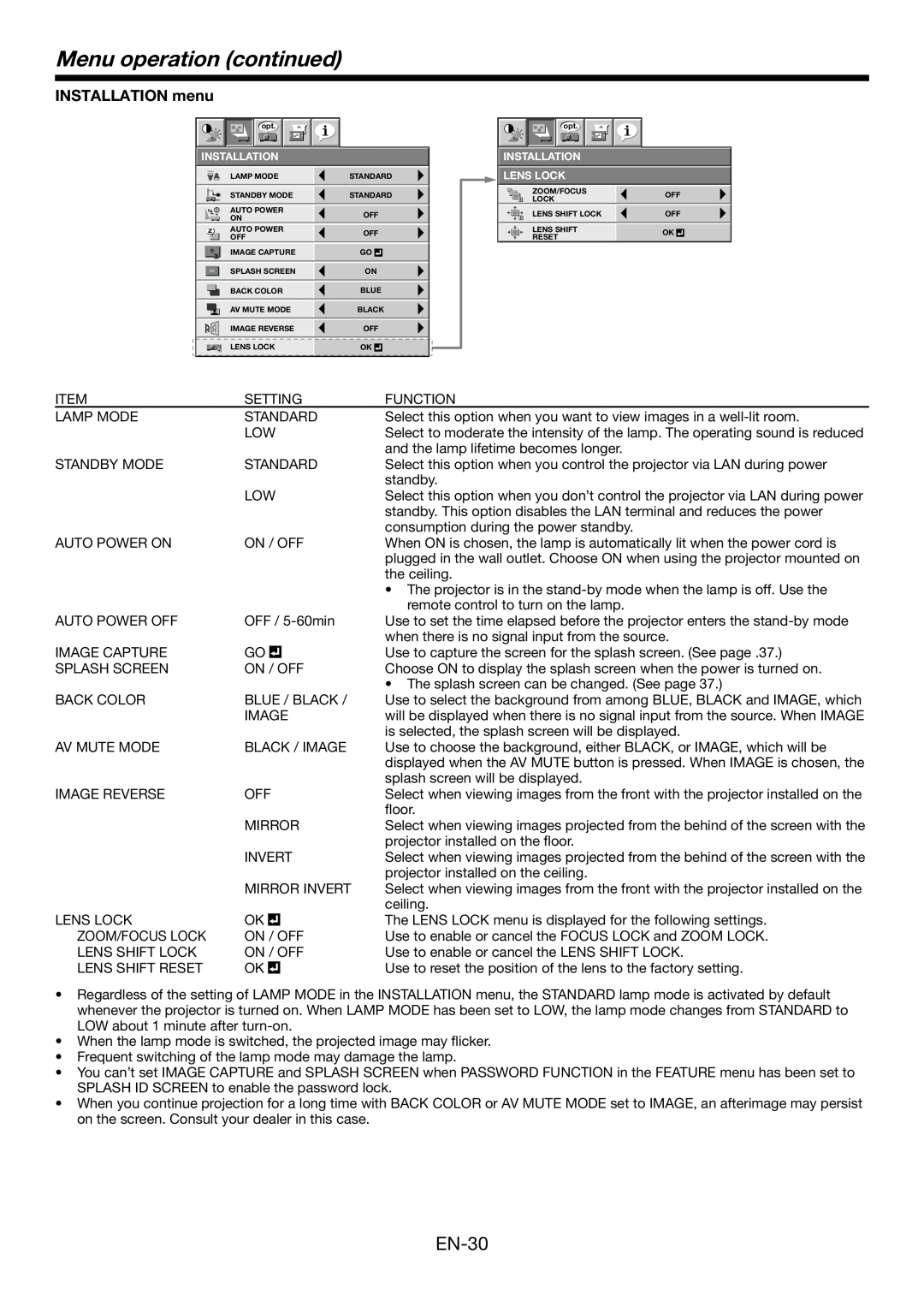 Mitsumi electronic WD3300U user manual Menu operation continued, EN-30, INSTALLATION menu 