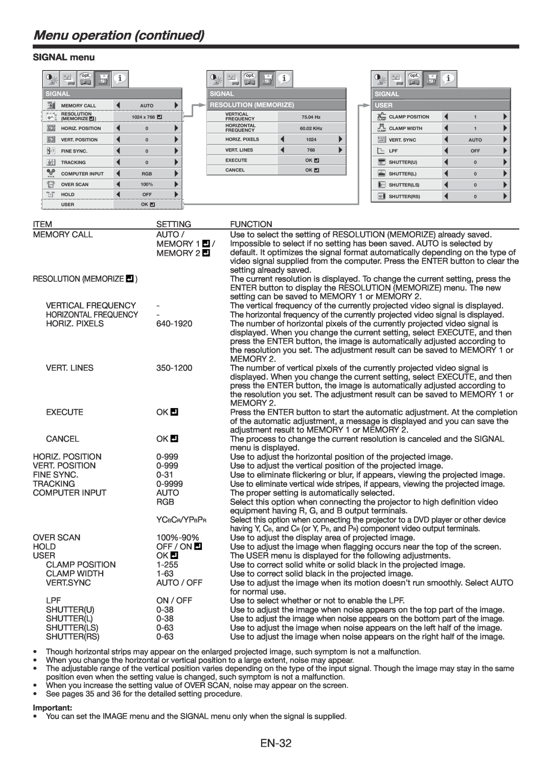 Mitsumi electronic WD3300U user manual Menu operation continued, EN-32, SIGNAL menu 