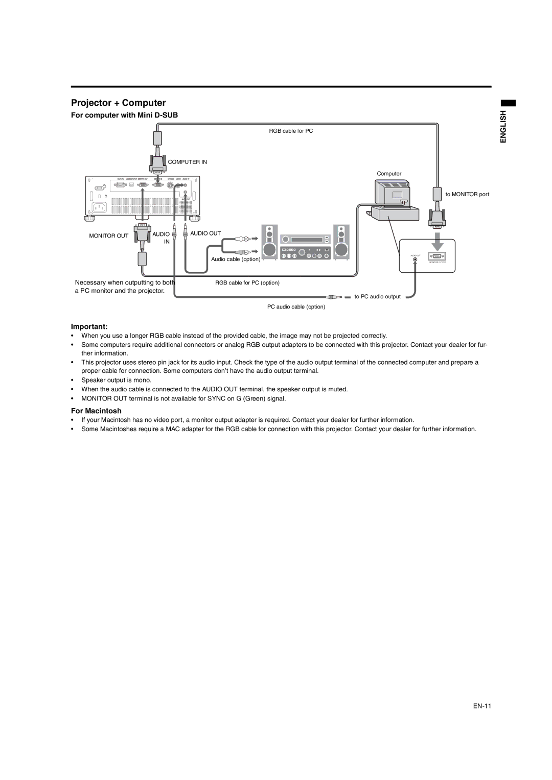 Mitsumi electronic XD206U user manual Projector + Computer, For computer with Mini D-SUB, For Macintosh 