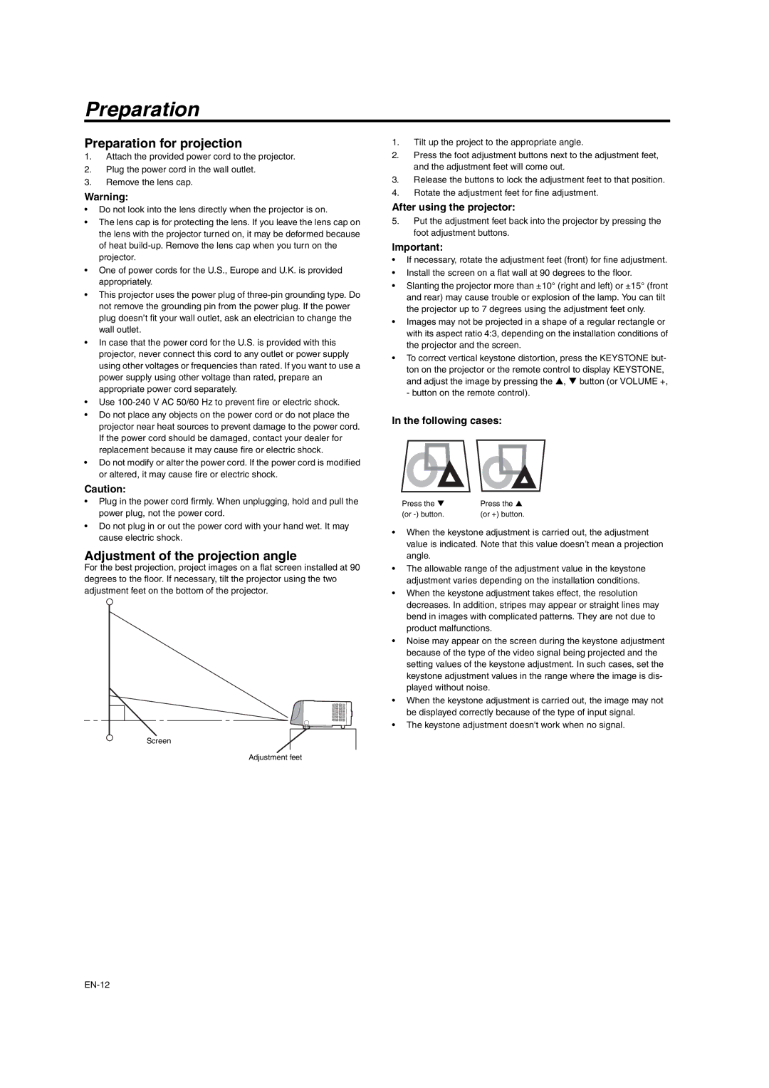 Mitsumi electronic XD206U Preparation for projection, Adjustment of the projection angle, After using the projector 