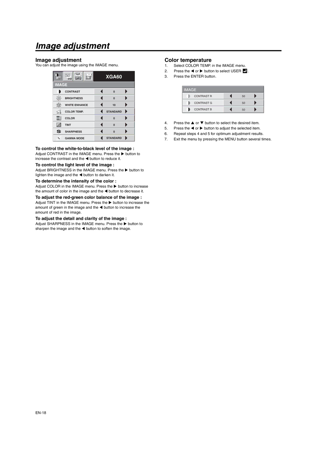 Mitsumi electronic XD206U user manual Image adjustment, Color temperature 