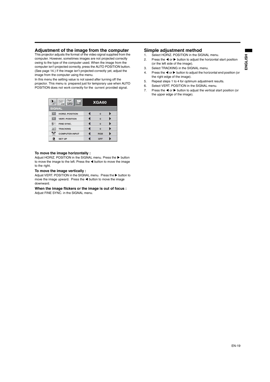 Mitsumi electronic XD206U user manual Adjustment of the image from the computer, Simple adjustment method 