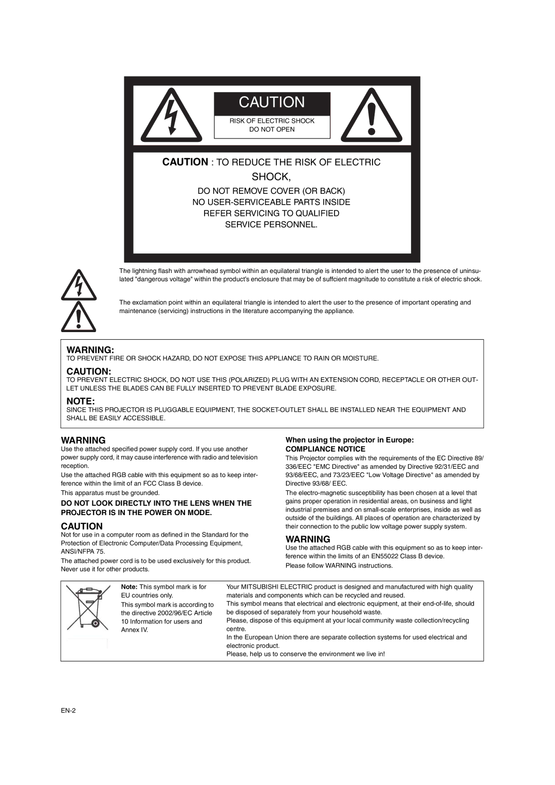 Mitsumi electronic XD206U user manual Shock, When using the projector in Europe 