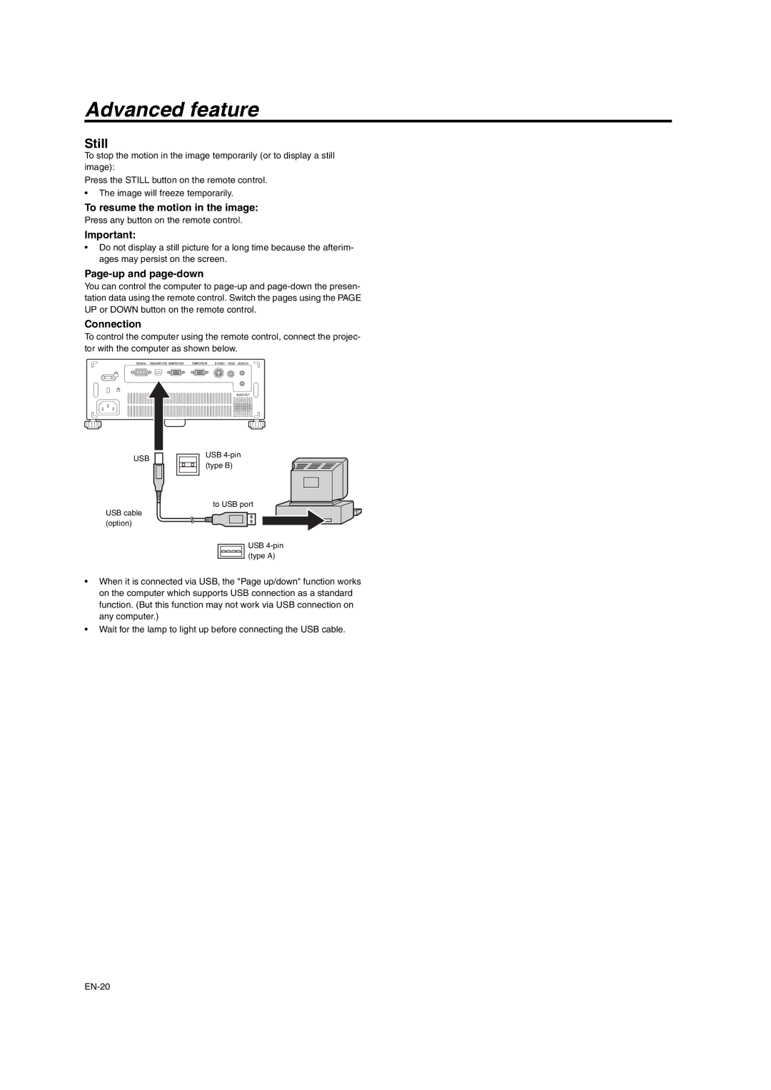 Mitsumi electronic XD206U Advanced feature, Still, To resume the motion in the image, Page-up and page-down, Connection 