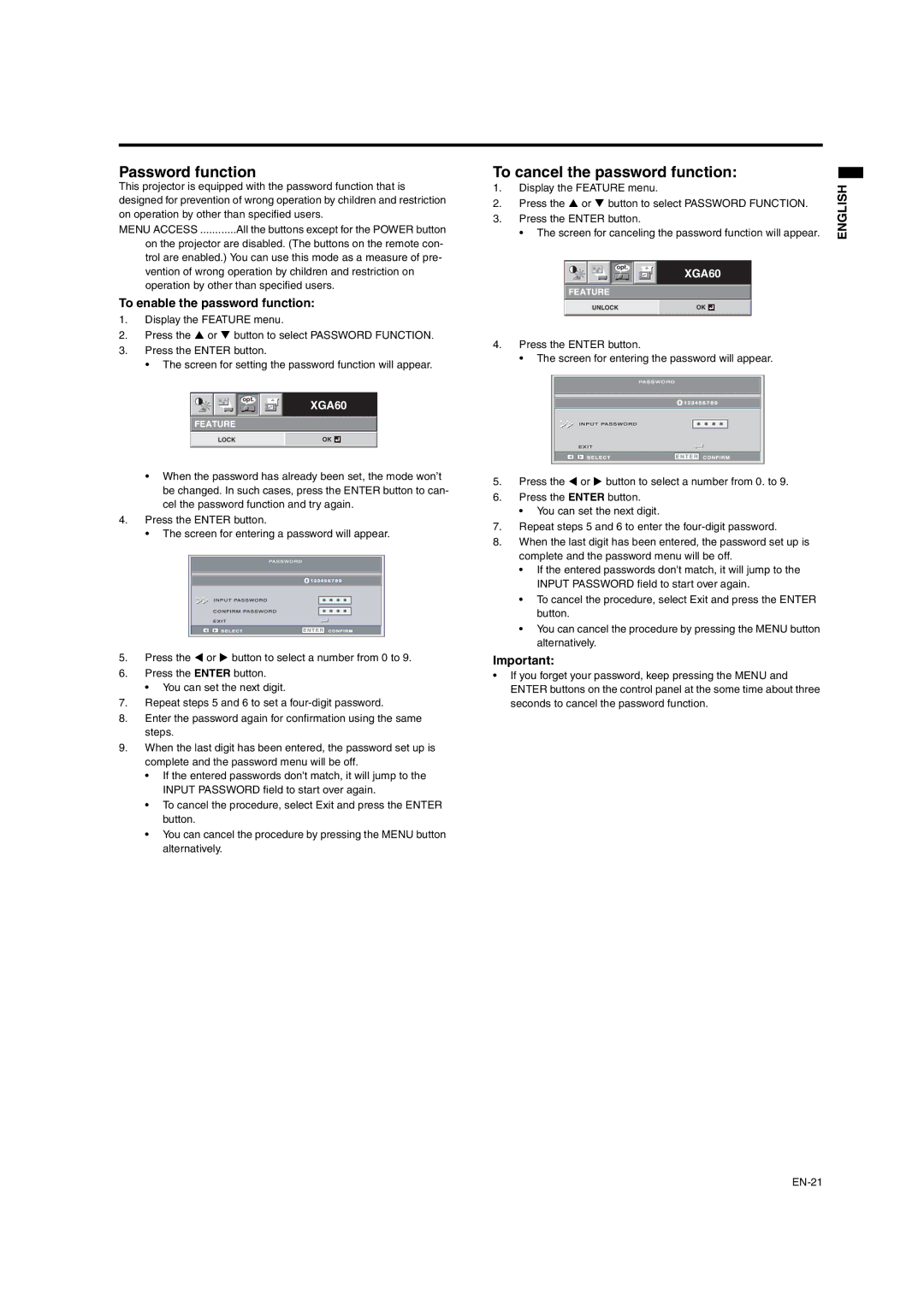 Mitsumi electronic XD206U user manual Password function, To cancel the password function, To enable the password function 