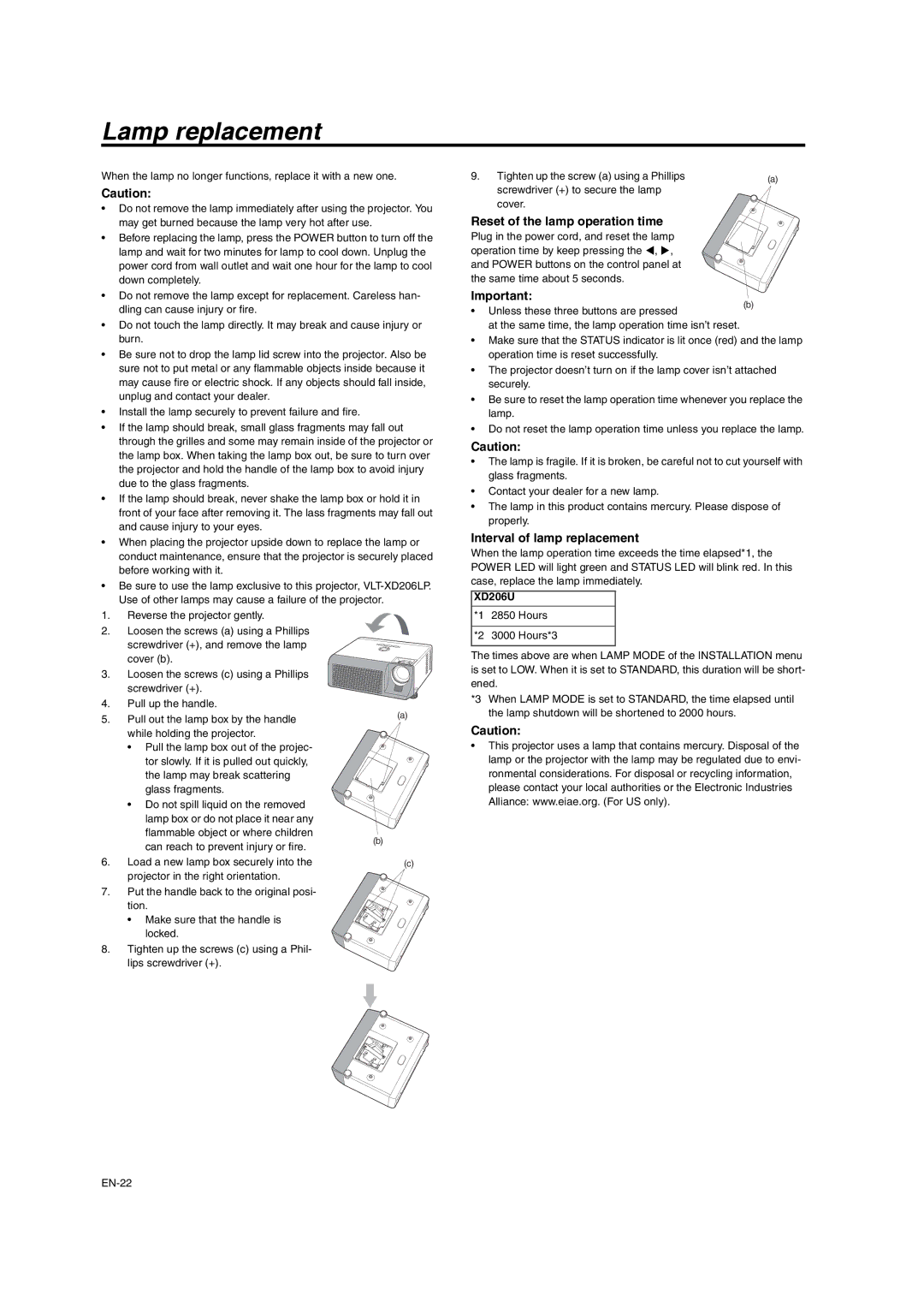 Mitsumi electronic XD206U user manual Lamp replacement, Reset of the lamp operation time, Interval of lamp replacement 