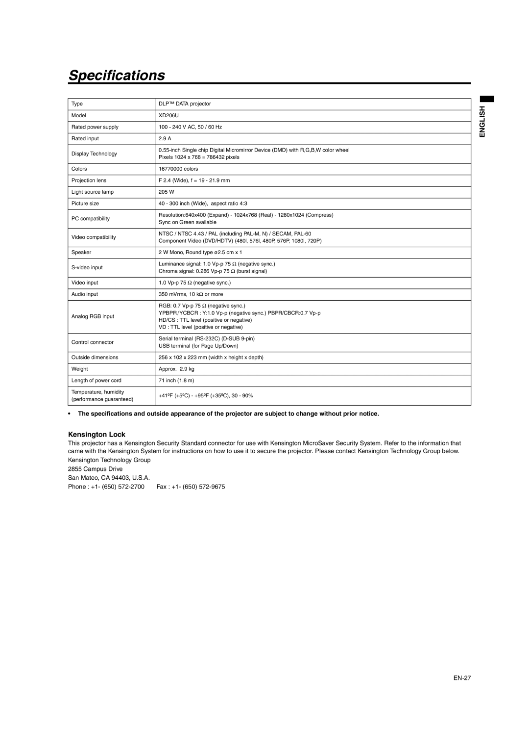 Mitsumi electronic XD206U user manual Specifications, Kensington Lock 