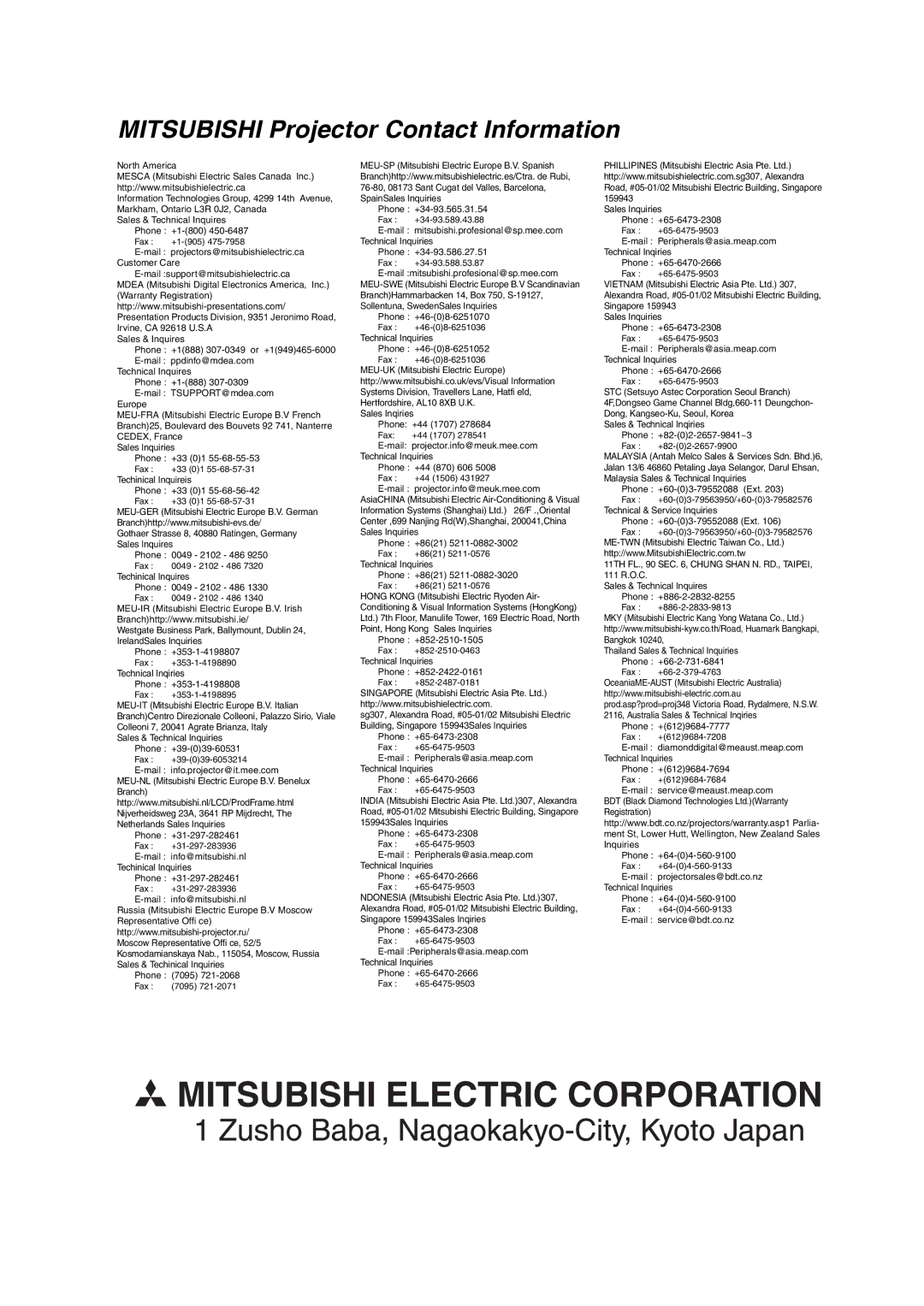 Mitsumi electronic XD206U user manual Mitsubishi Projector Contact Information 