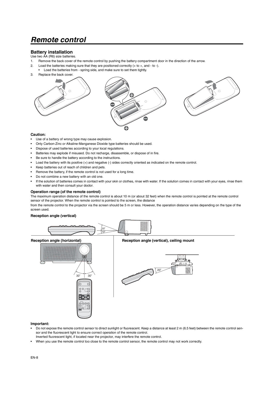 Mitsumi electronic XD206U user manual Remote control, Battery installation, Operation range of the remote control 