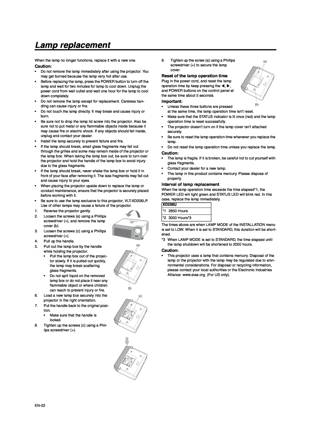 Mitsumi electronic XD206U user manual Lamp replacement, Reset of the lamp operation time, Interval of lamp replacement 