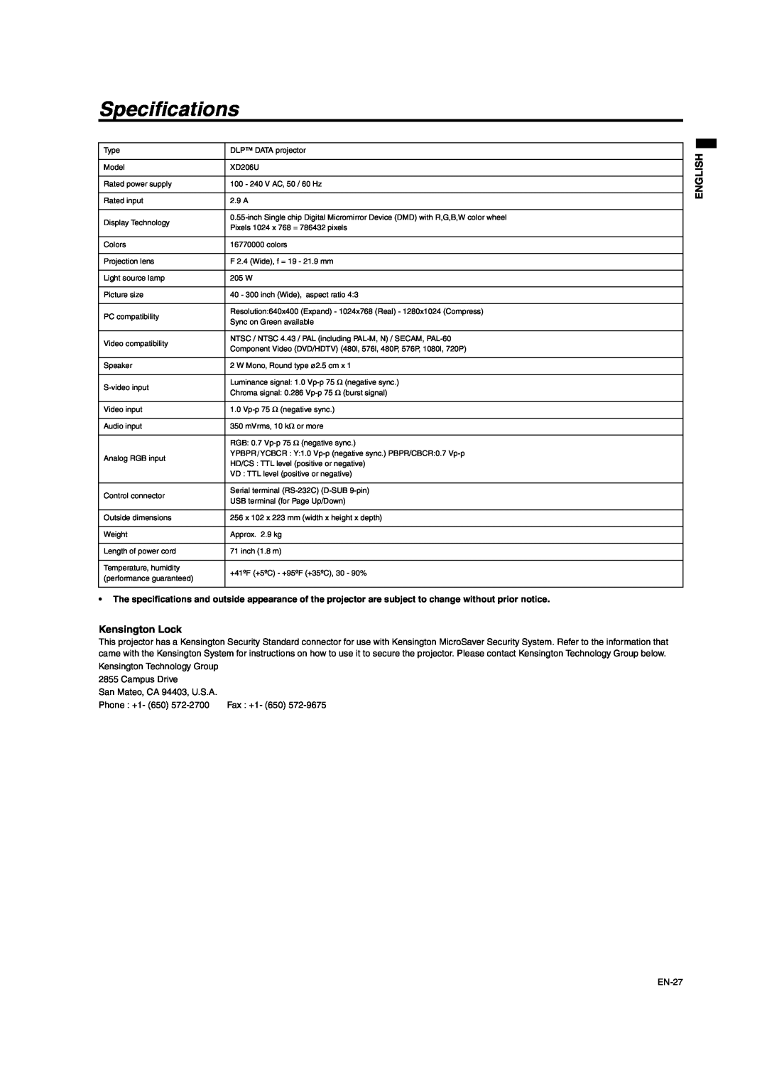 Mitsumi electronic XD206U user manual Specifications, Kensington Lock 