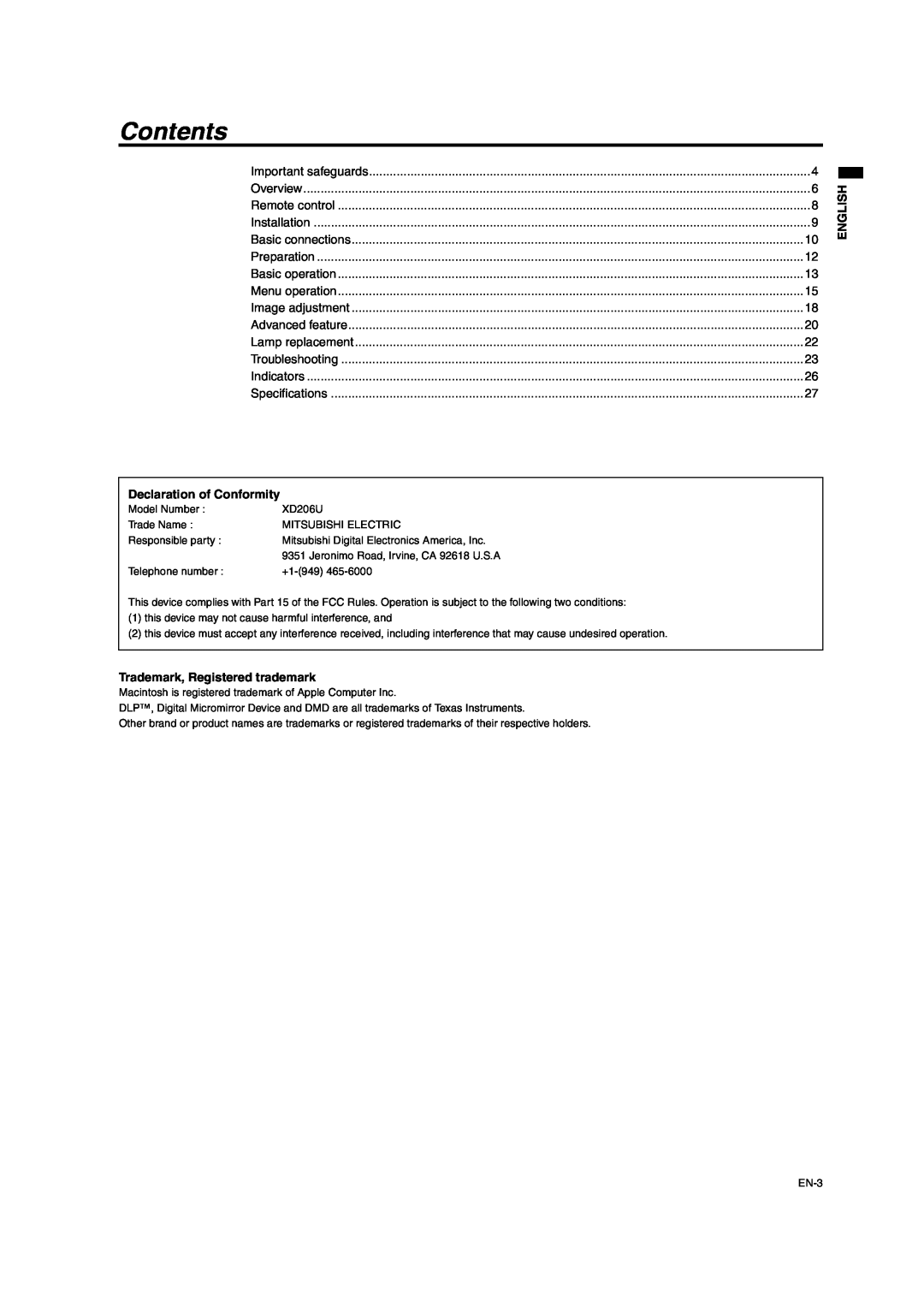Mitsumi electronic XD206U user manual Contents, Declaration of Conformity, Trademark, Registered trademark, English 