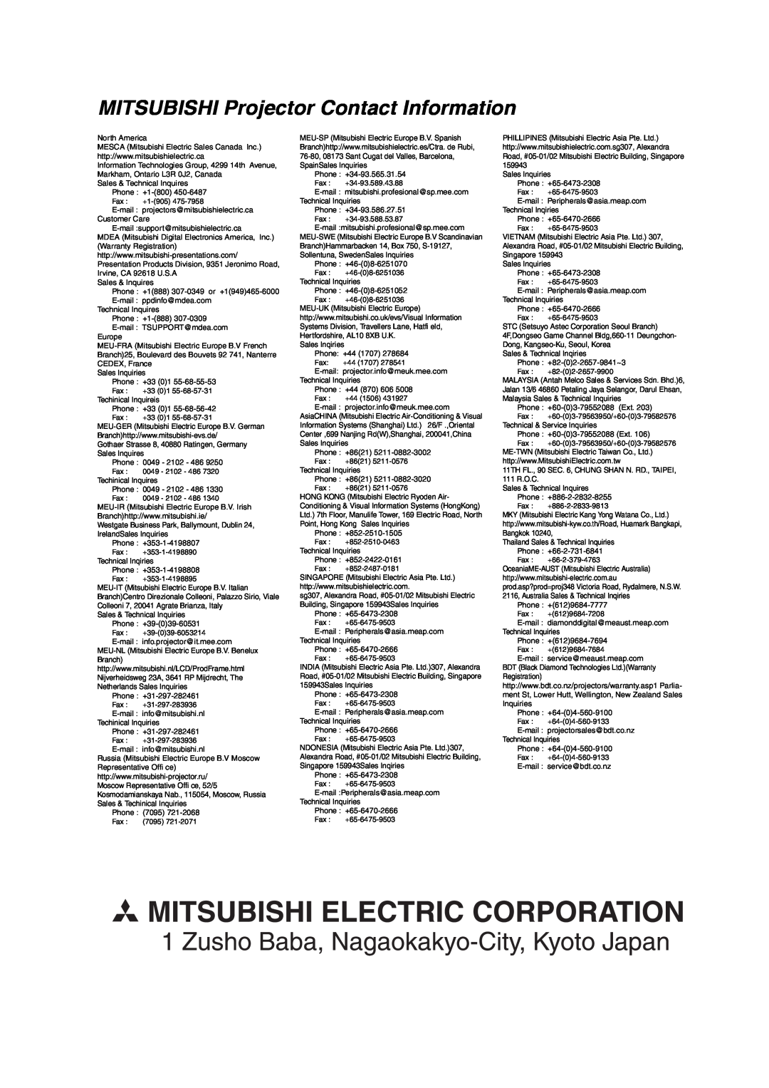 Mitsumi electronic XD206U user manual MITSUBISHI Projector Contact Information 