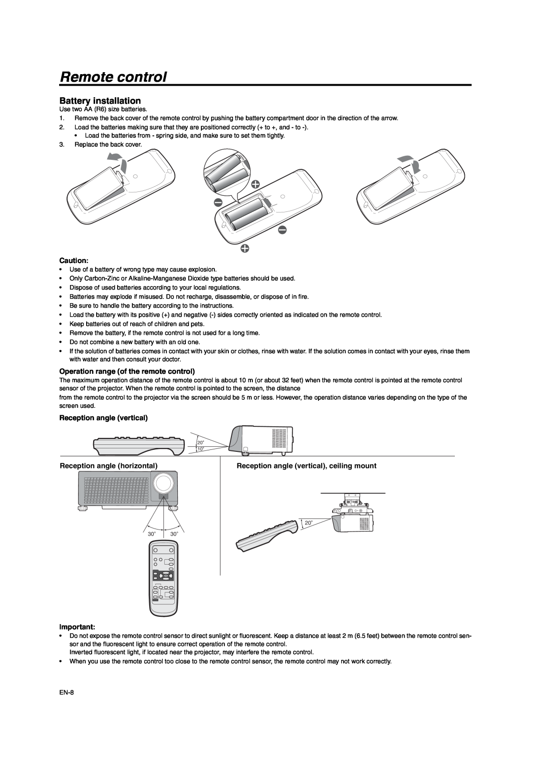 Mitsumi electronic XD206U user manual Remote control, Battery installation, Operation range of the remote control 
