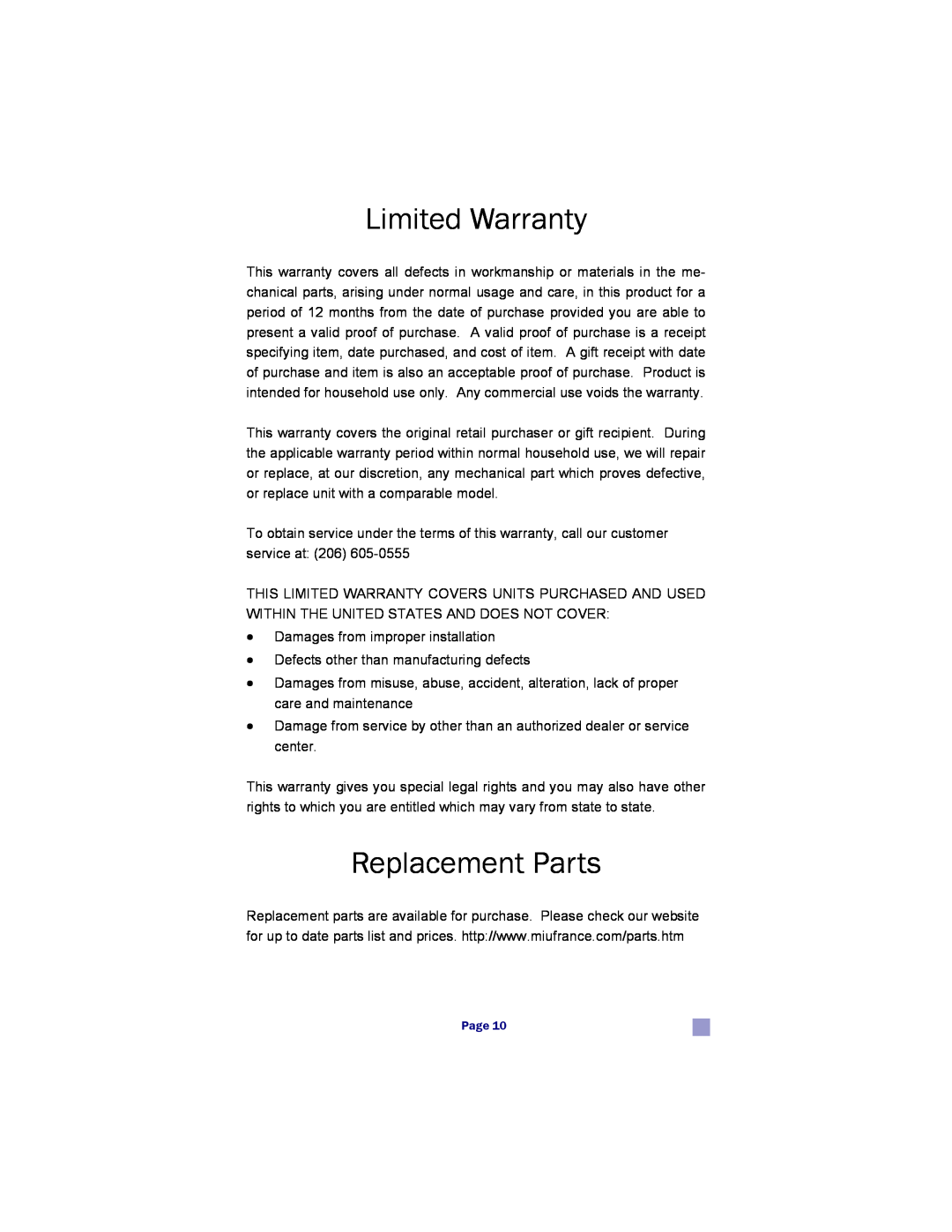 MIU France 90777 manual Limited Warranty, Replacement Parts 