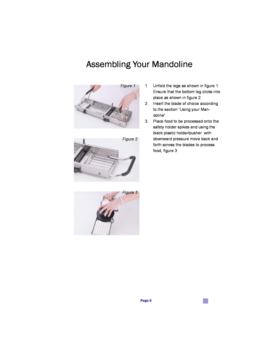 MIU France 90777 Assembling Your Mandoline, place as shown in figure, Insert the blade of choice according, doline”, Page 