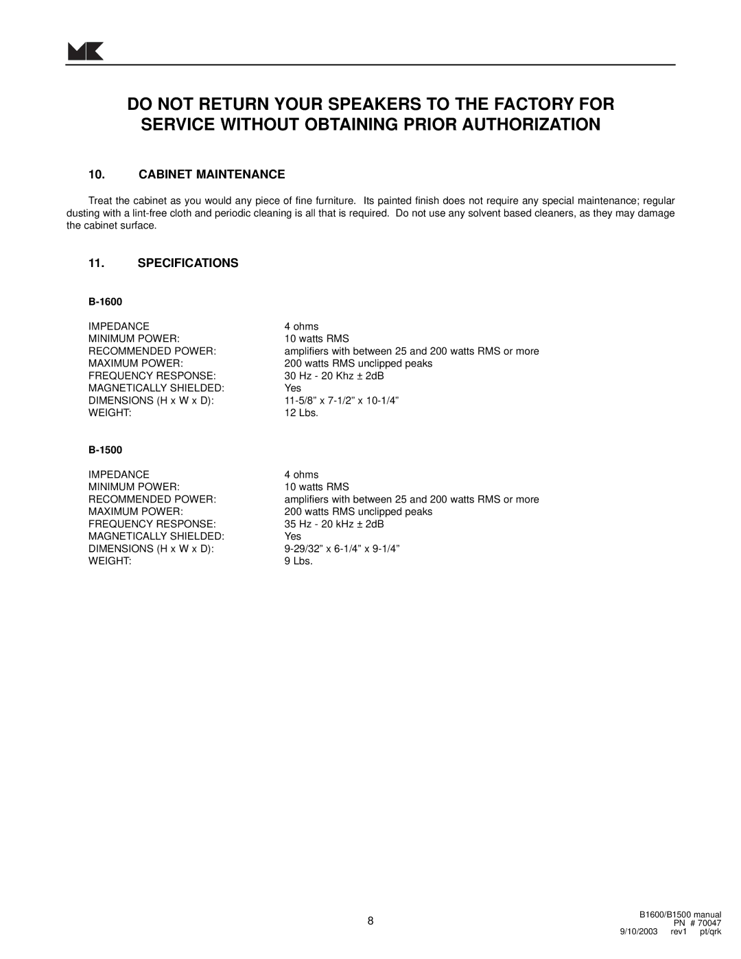 MK Sound B-1600, B-1500 operation manual Cabinet Maintenance, Specifications 