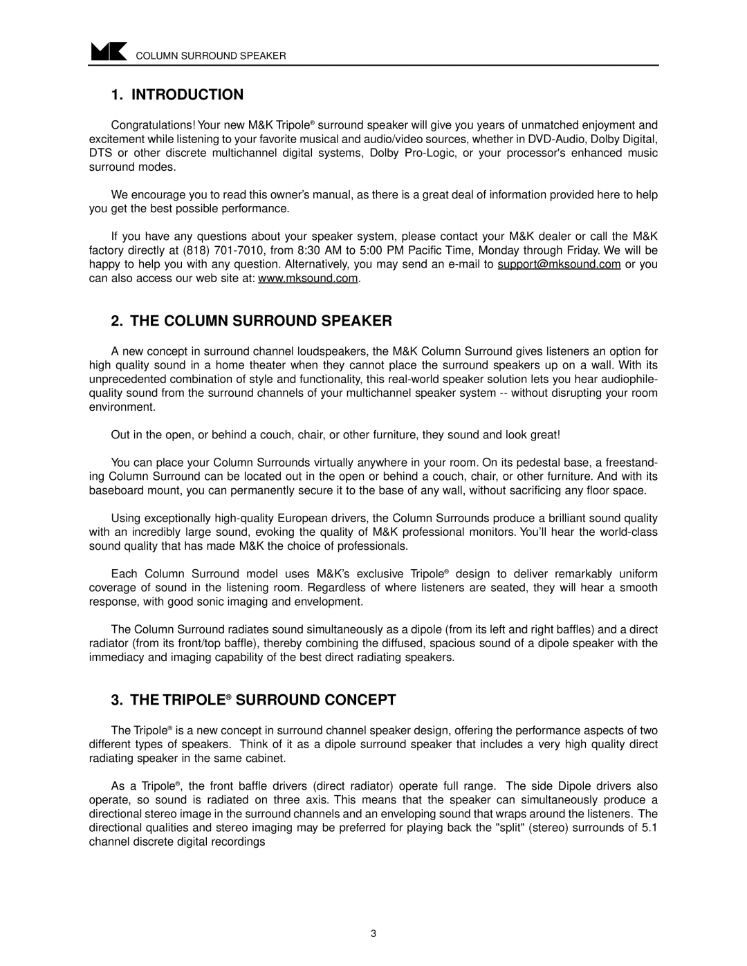 MK Sound CS-150, CS-35, CS-29, CS-22 operation manual Introduction, Column Surround Speaker, Tripole Surround Concept 