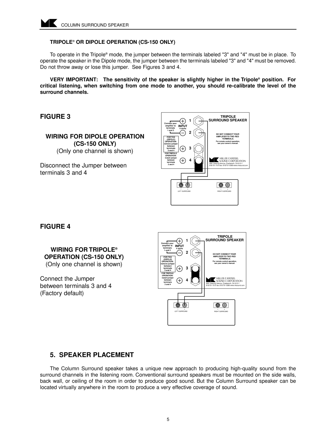 MK Sound CS-29, CS-35, CS-22 operation manual Speaker Placement, Tripole or Dipole Operation CS-150 only 