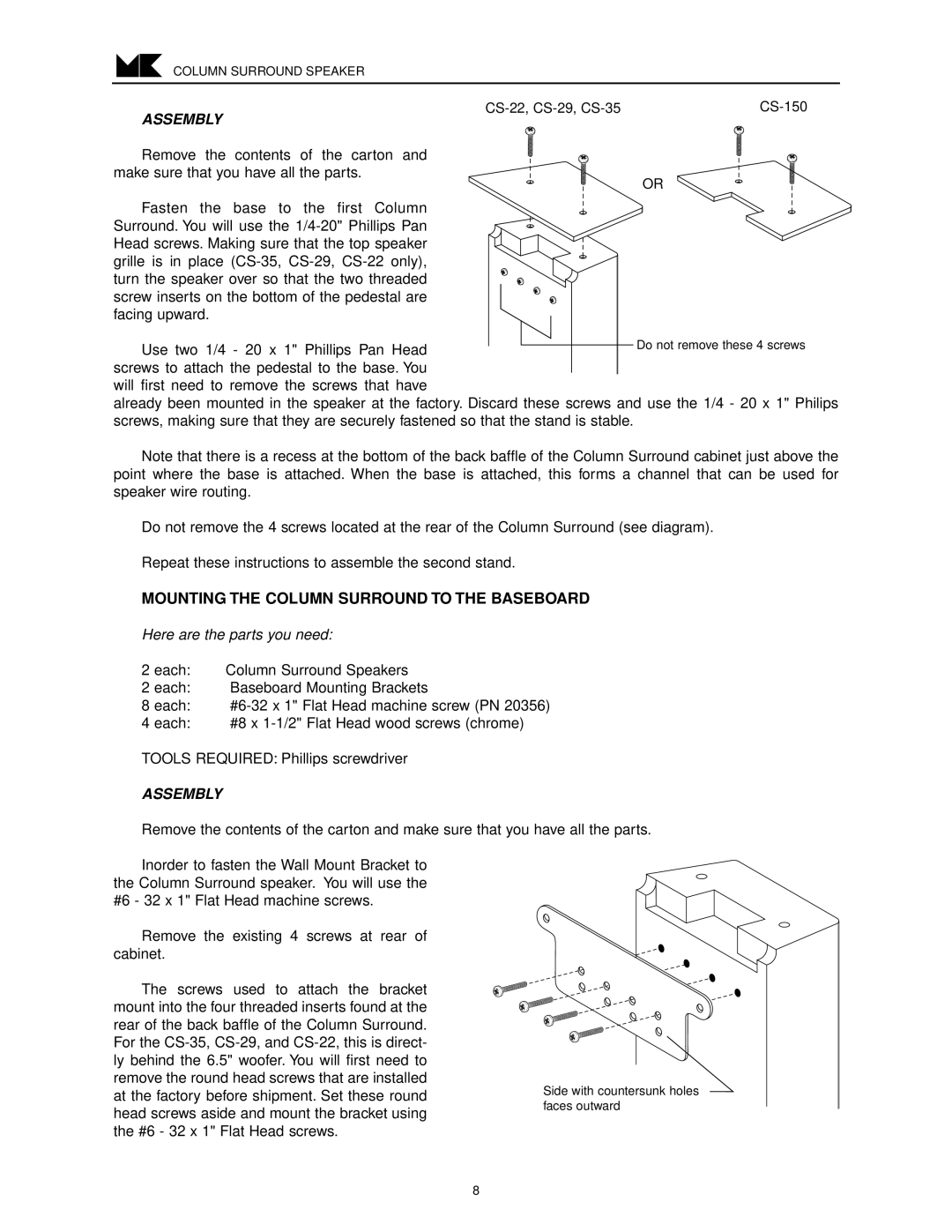 MK Sound CS-35, CS-29, CS-22, CS-150 operation manual Assembly, Mounting the Column Surround to the Baseboard 