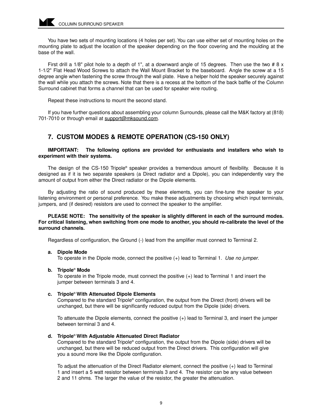 MK Sound CS-29, CS-35, CS-22 operation manual Custom Modes & Remote Operation CS-150 only, Dipole Mode, Tripole Mode 