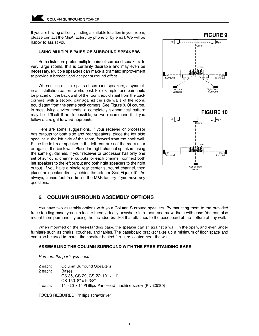MK Sound CS-150 Column Surround Assembly Options, Using Multiple Pairs Of Surround Speakers, Here are the parts you need 
