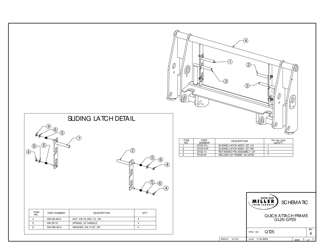 MK Sound owner manual Sliding Latch Detail, Schematic, Quick Attach Frame, GL25/GP25 