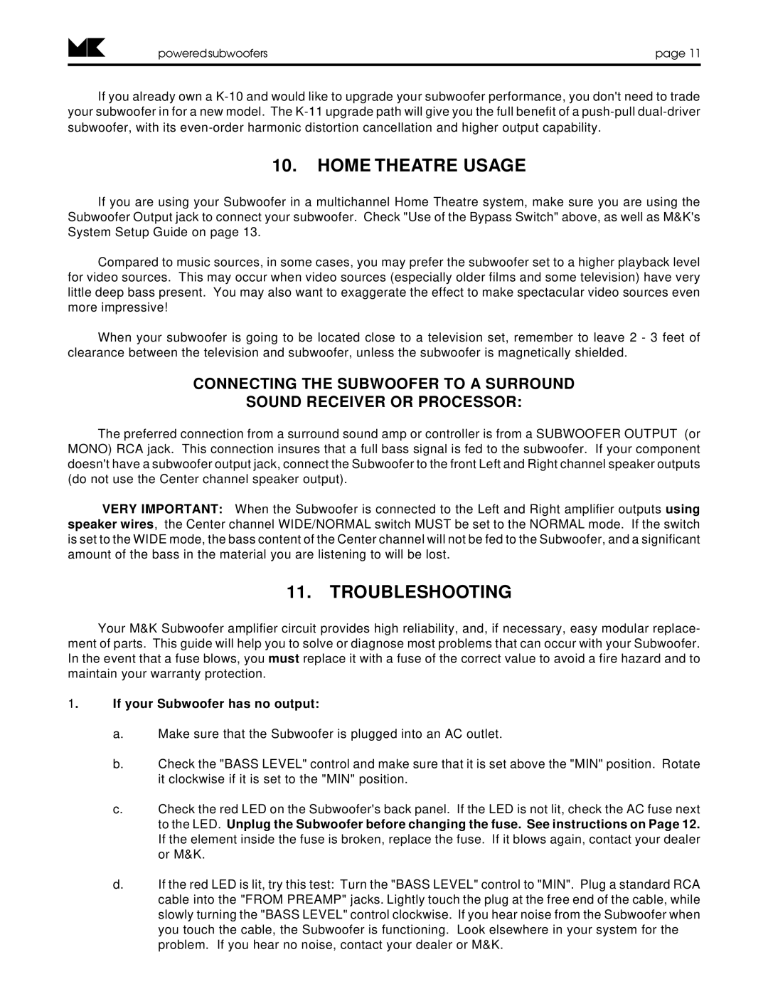 MK Sound K-11, K-10, K-9 operation manual Home Theatre Usage, Troubleshooting 