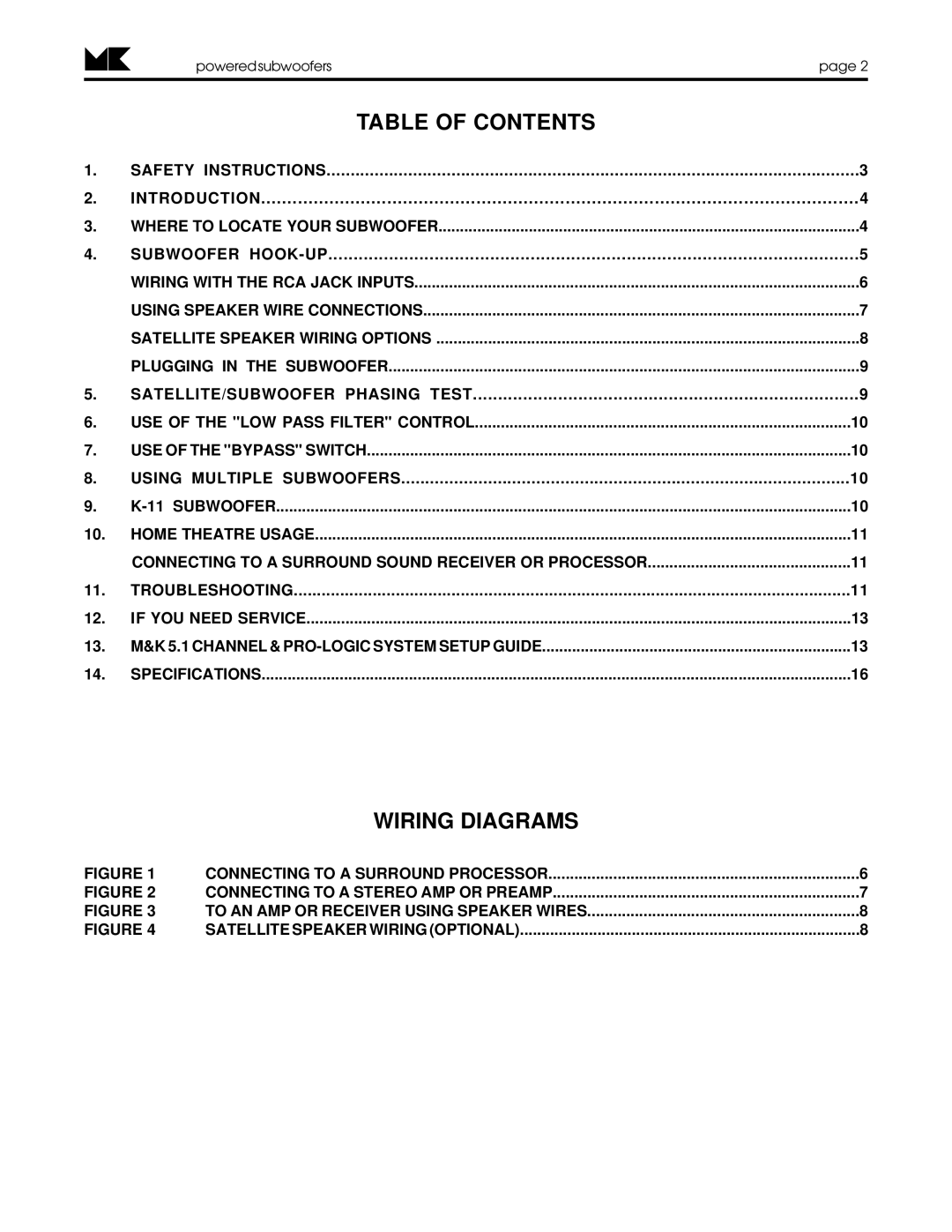 MK Sound K-11, K-10, K-9 operation manual Table of Contents, Wiring Diagrams 