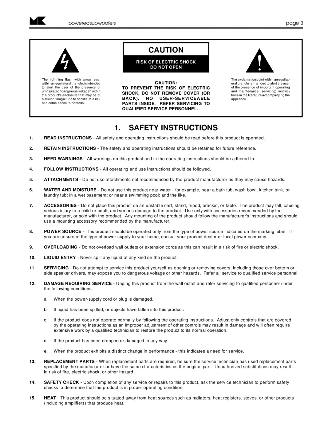 MK Sound K-10, K-9, K-11 operation manual Safety Instructions, Poweredsubwooferspage 