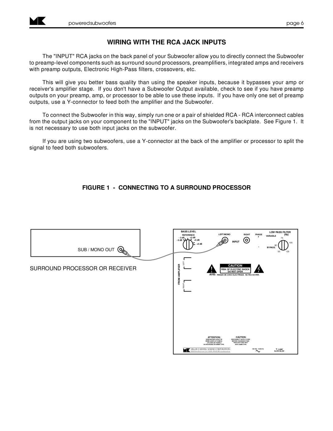 MK Sound K-10, K-9, K-11 operation manual Wiring with the RCA Jack Inputs, Surround Processor or Receiver 