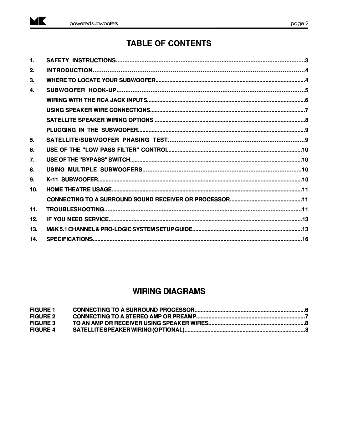 MK Sound K-11, K-10 Table Of Contents, Wiring Diagrams, Introduction, Subwoofer Hook-Up, Satellite/Subwoofer Phasing Test 