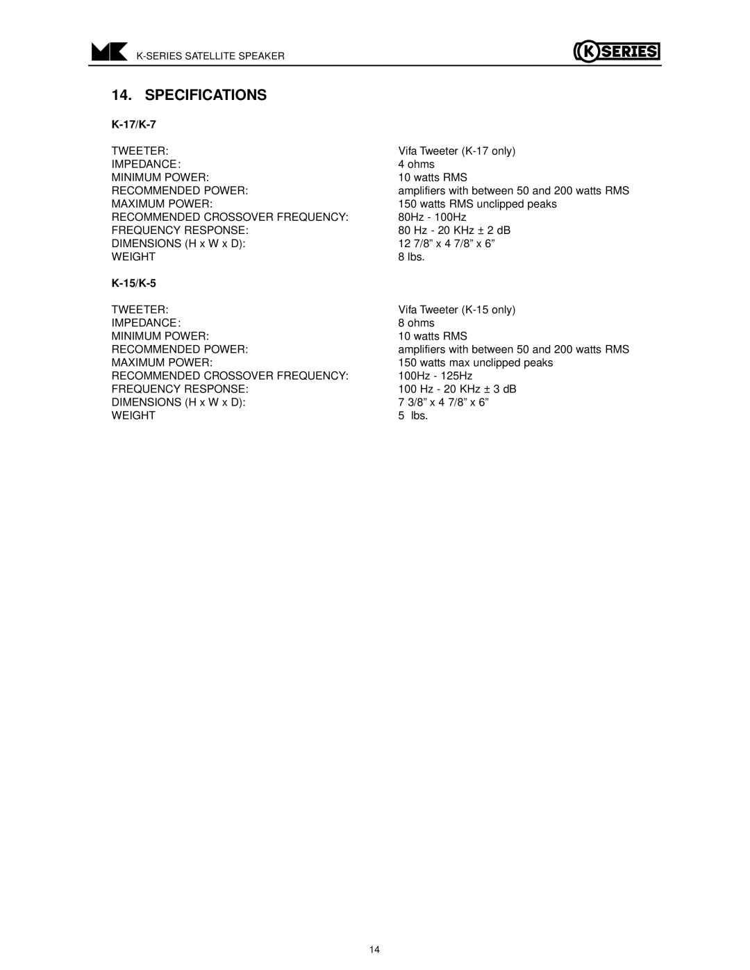 MK Sound K-5, K-17, K-15 K-7 operation manual Specifications, 17/K-7 