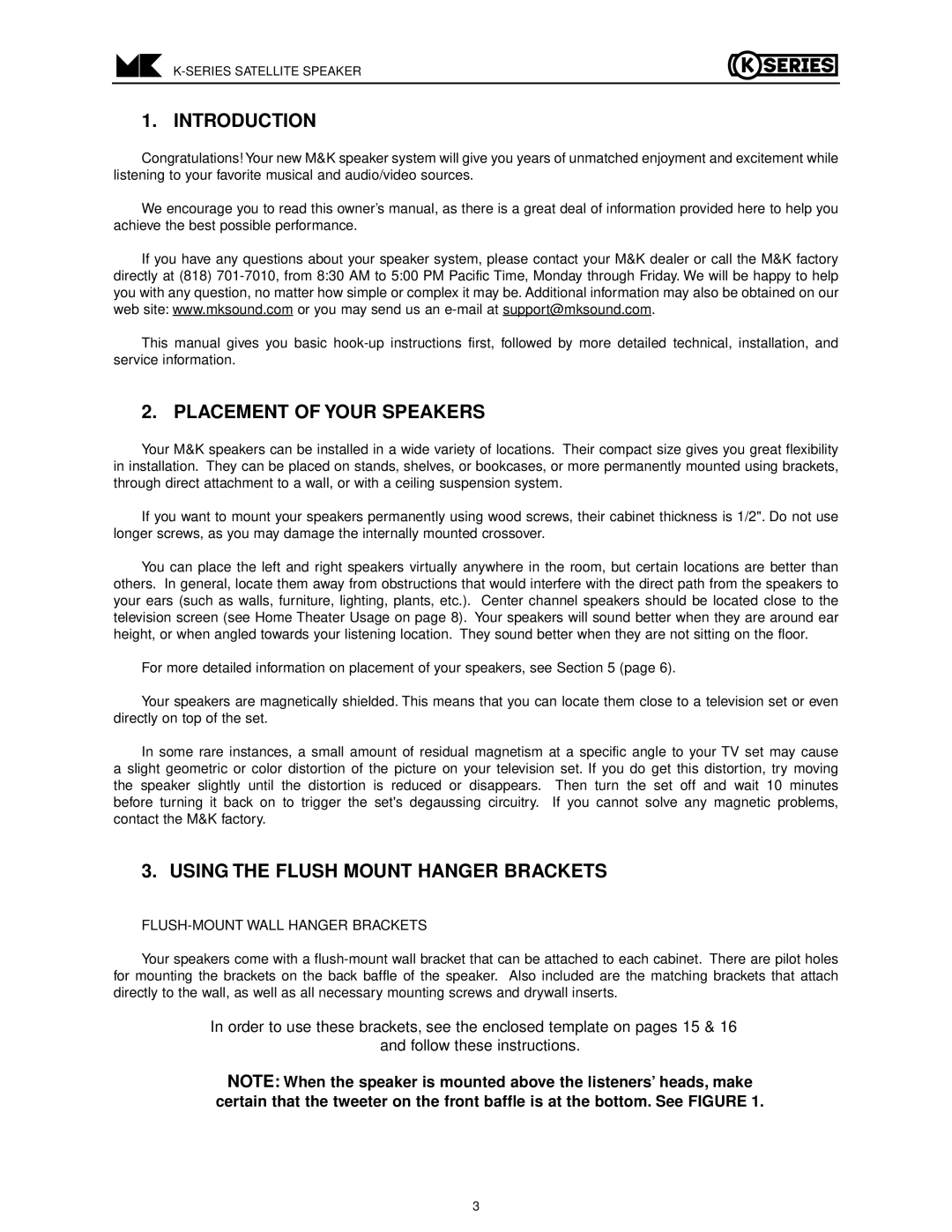 MK Sound K-17, K-15 K-7, K-5 operation manual Introduction, Placement of Your Speakers, Using the Flush Mount Hanger Brackets 