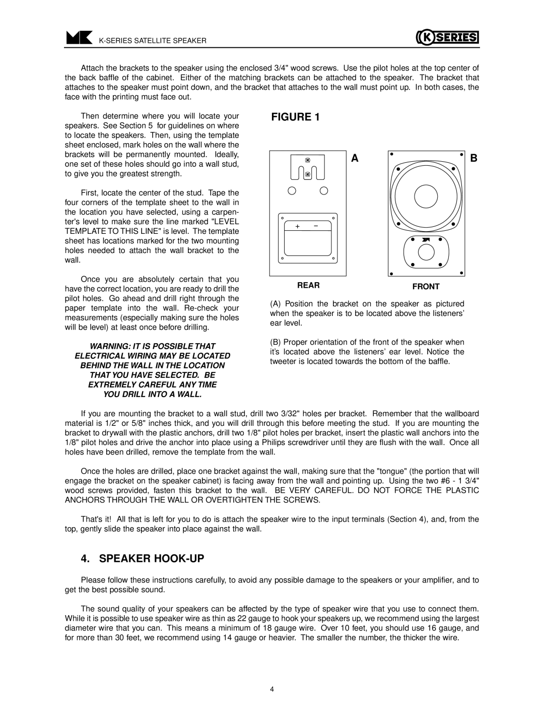 MK Sound K-15 K-7, K-17, K-5 operation manual Speaker HOOK-UP, Rear Front 