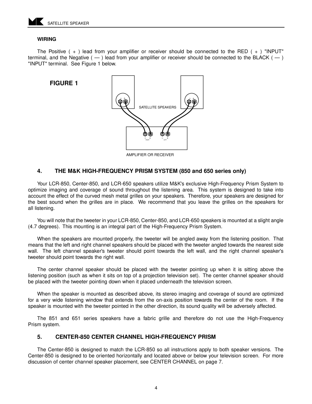 MK Sound LCR-650, LCR-651, LCR-850, LCR-851, CENTER-851 operation manual CENTER-850 Center Channel HIGH-FREQUENCY Prism, Wiring 