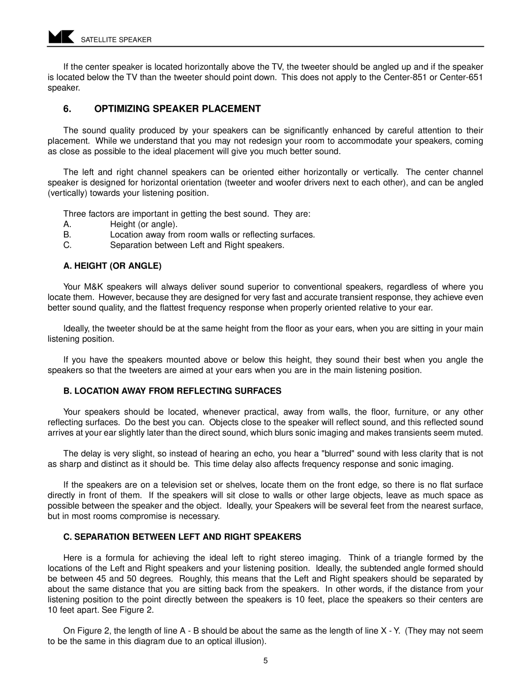 MK Sound LCR-651, LCR-850, LCR-851 Optimizing Speaker Placement, Height or Angle, Location Away from Reflecting Surfaces 