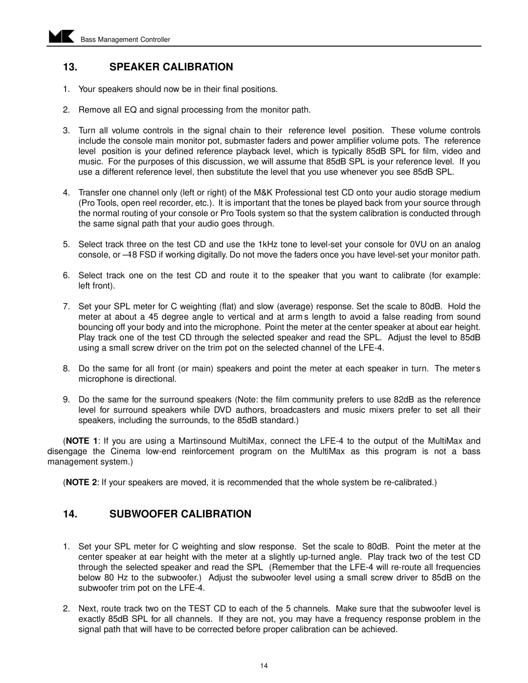 MK Sound LFE-4 operation manual Speaker Calibration, Subwoofer Calibration 