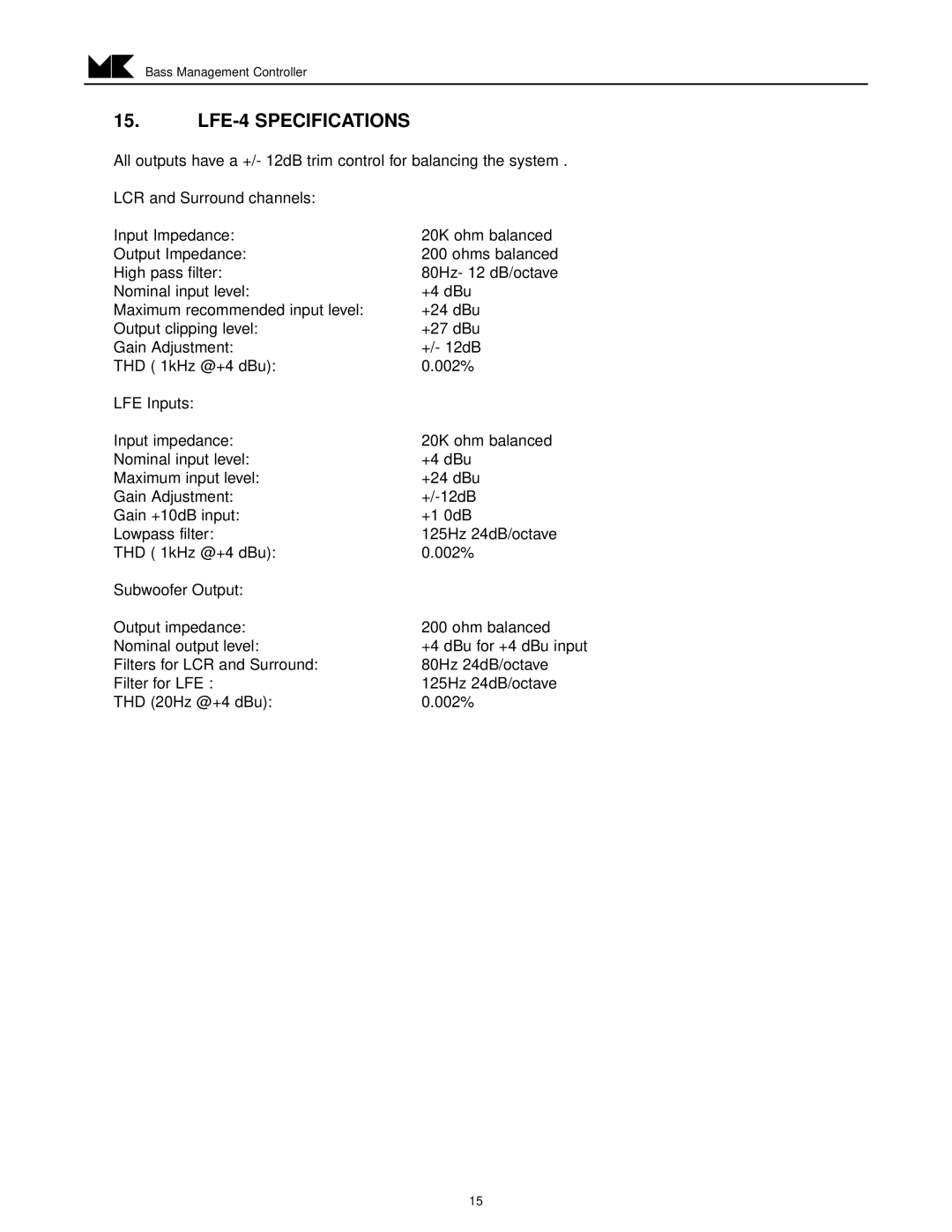 MK Sound operation manual LFE-4 Specifications 