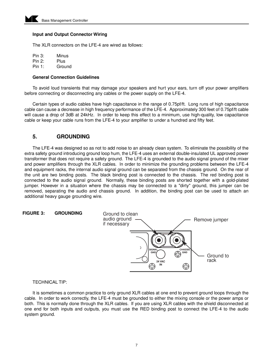 MK Sound LFE-4 operation manual Grounding, General Connection Guidelines 