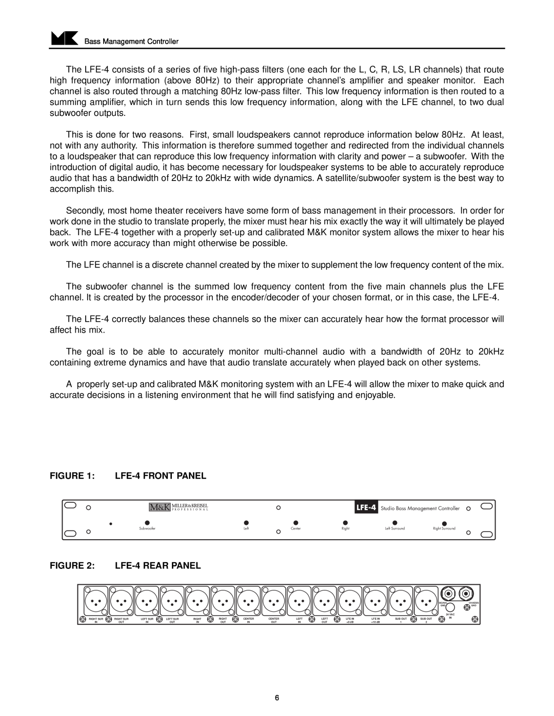 MK Sound operation manual LFE-4FRONT PANEL, LFE-4REAR PANEL 