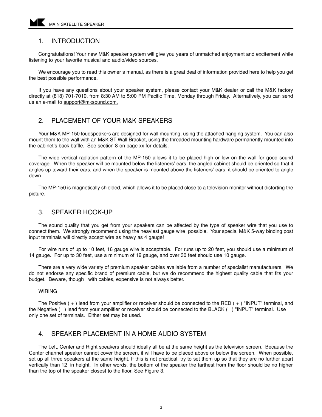 MK Sound MP-150 Introduction, Placement of Your M&K Speakers, Speaker HOOK-UP, Speaker Placement in a Home Audio System 