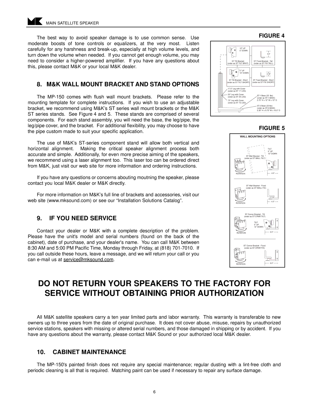 MK Sound MP-150 operation manual K Wall Mount Bracket and Stand Options, If YOU Need Service, Cabinet Maintenance 